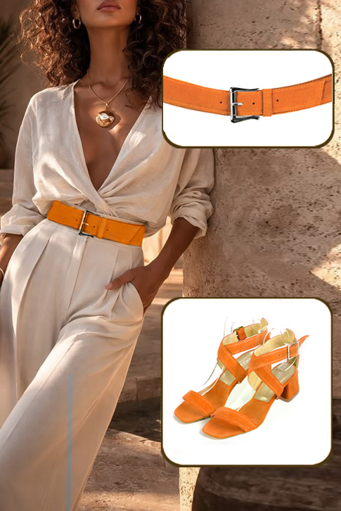 Women's apricot orange elegant fully open cross straps sandals. Square toe. Low flare heels - Top view